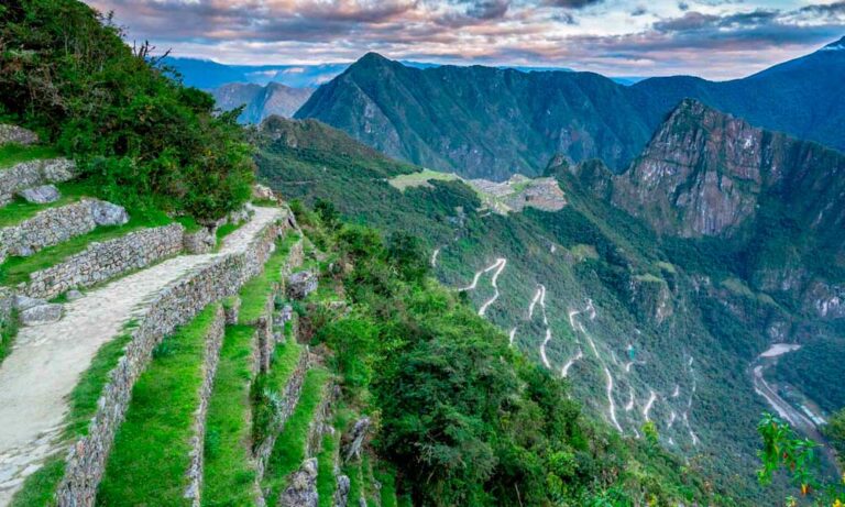 Access circuit trail and terraces leading to Machu Picchu in the Andes, Peru.